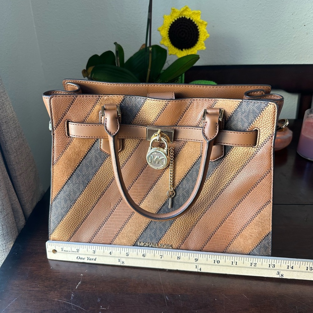 Michael Kors Brown and Tan Diagonal Stripe Leather Satchel - Picture 13 of 16